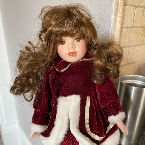 DEPARTMENT 56 Brunette 12” Porcelain Doll New in Box W/ Stand Red Oufit Clothes - Picture 3 of 10